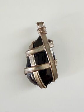 Vintage Tear Necklace Pendant Black Obsidian Stone Bound Silver Tone